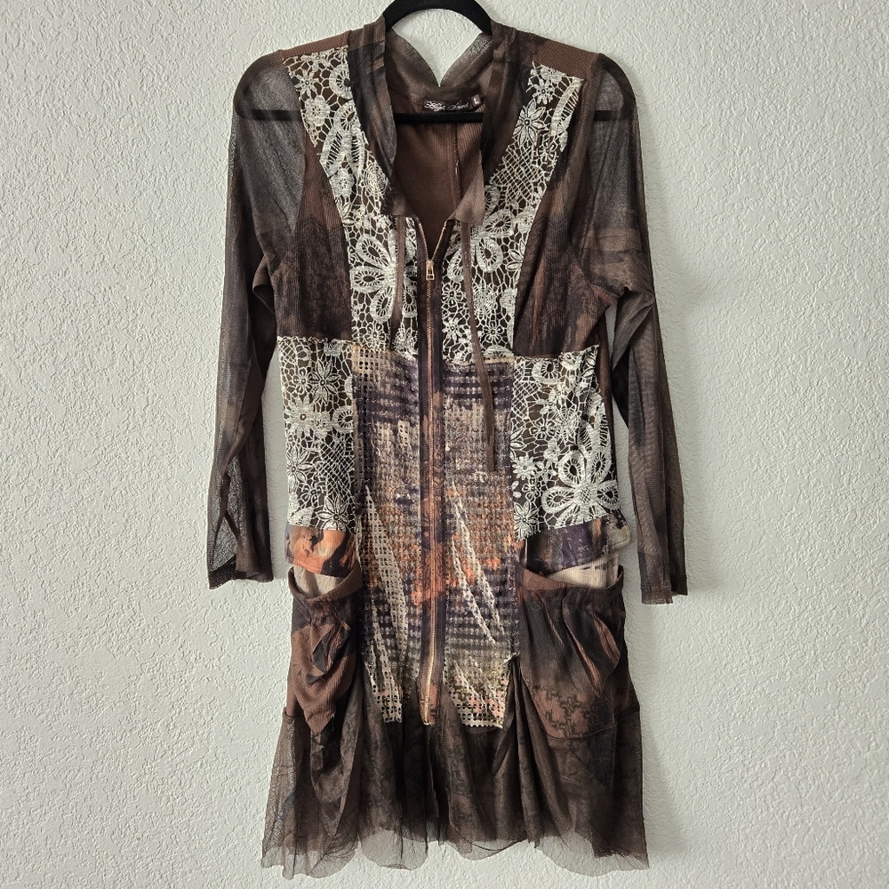 High Secret womens L Brown Mixed Media Zip up Boho Sweater